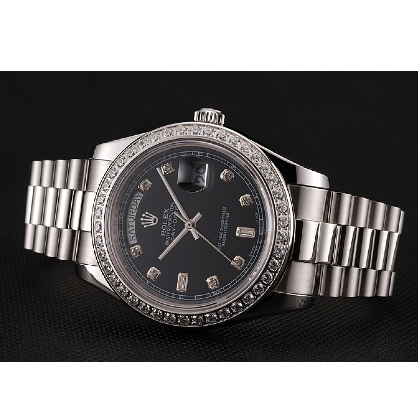 Aaa fake watches Black Rolex Diamond Numerals Swiss Case Dial 1453966 Stainless Day-Date Steel Diamond Bracelet 0605